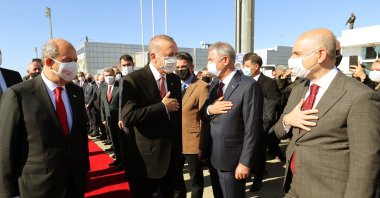 President Recep Tayyip Erdoğan (C) was welcomed by the Turkish Cypriot President Ersin Tatar (L) with an official ceremony in the capital Lefkoşa (Nicosia), the Turkish Republic of Northern Cyprus (TRNC), Nov. 15, 2020. (AA Photo)