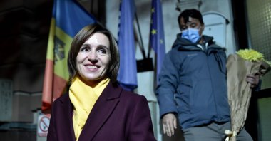 Moldovan presidential candidate Maia Sandu smiles as she leaves the Action and Solidarity Party office following her victory in the second round of the country's presidential election, Chisinau, Moldova, Nov. 16, 2020. (AFP Photo)