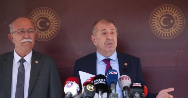 IP Istanbul Deputy Ümit Özdağ, accompanied by Adana deputy İsmail Koncuk, speaks to reporters at a news conference in the capital Ankara on Nov. 11, 2020. (AA Photo)
