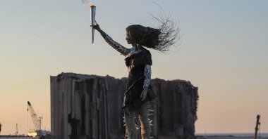 A statue of a woman carrying the torch of revolution made of glass and the rubble that resulted from the explosion at the Beirut port is seen in Beirut, Lebanon, Oct. 17, 2020. (EPA Photo)