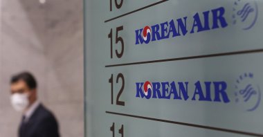Korean Air logos are displayed at the company's offices in Seoul, South Korea on Nov. 16, 2020. (AFP Photo)