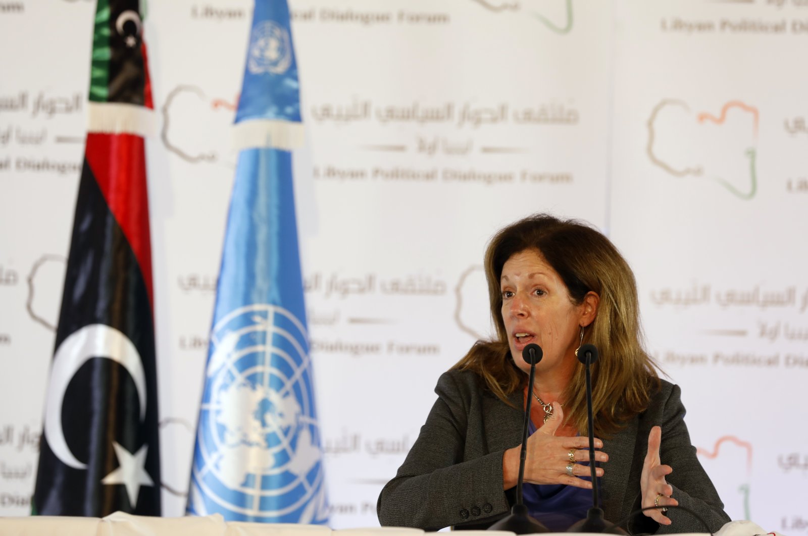 Stephanie Williams, Acting Special Representative of the Secretary-General and Head of the United Nations Support Mission speaks during a news conference in Tunis, Tunisia, Sunday, Nov. 15, 2020. (AP Photo)