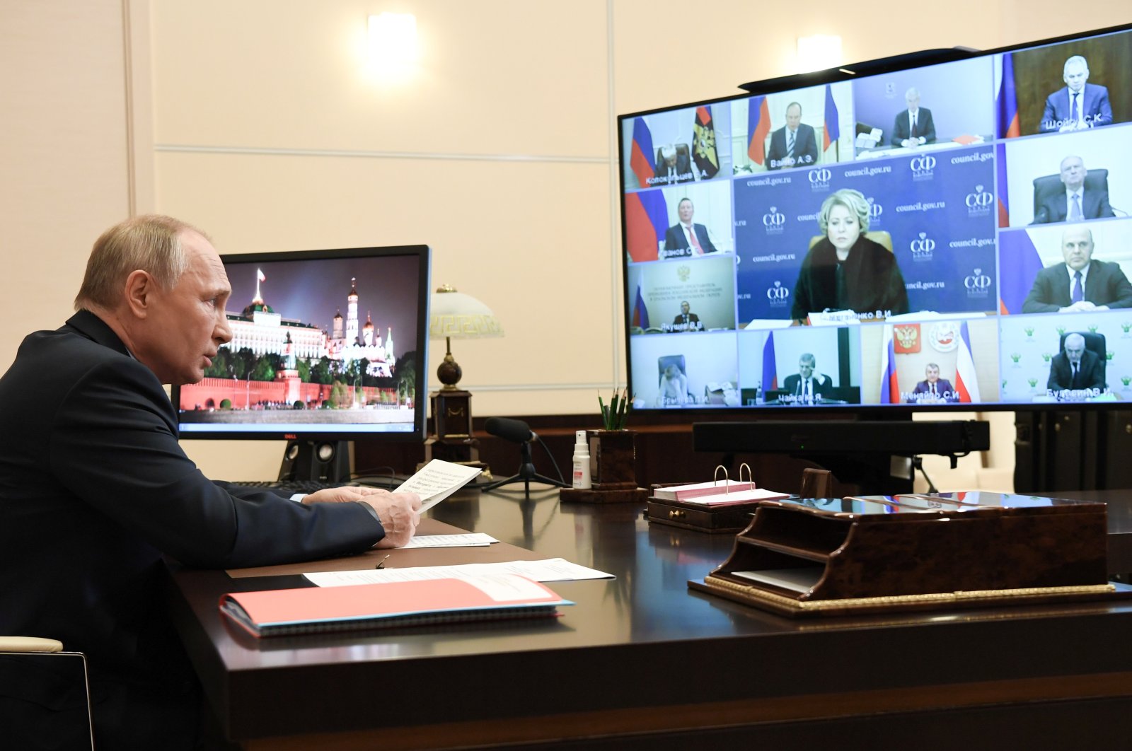 Russian President Vladimir Putin attends a meeting with members of the Security Council via a video link at the Novo-Ogaryovo state residence outside Moscow, Russia on Nov. 16, 2020. (Sputnik / Aleksey Nikolskyi / Kremlin via Reuters)