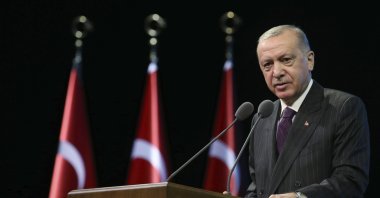 President Recep Tayyip Erdoğan speaks during a meeting in Ankara, Turkey, Oct. 6, 2020. (AP Photo)