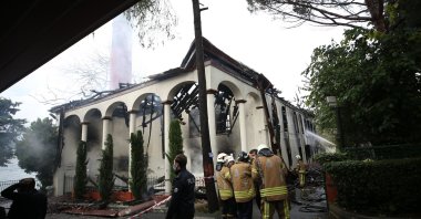 Firefighters inspect the scene after extinguishing the fire at Vaniköy Mosque in Istanbul's Üsküdar district, Turkey, Nov. 15, 2020. (AA Photo)
