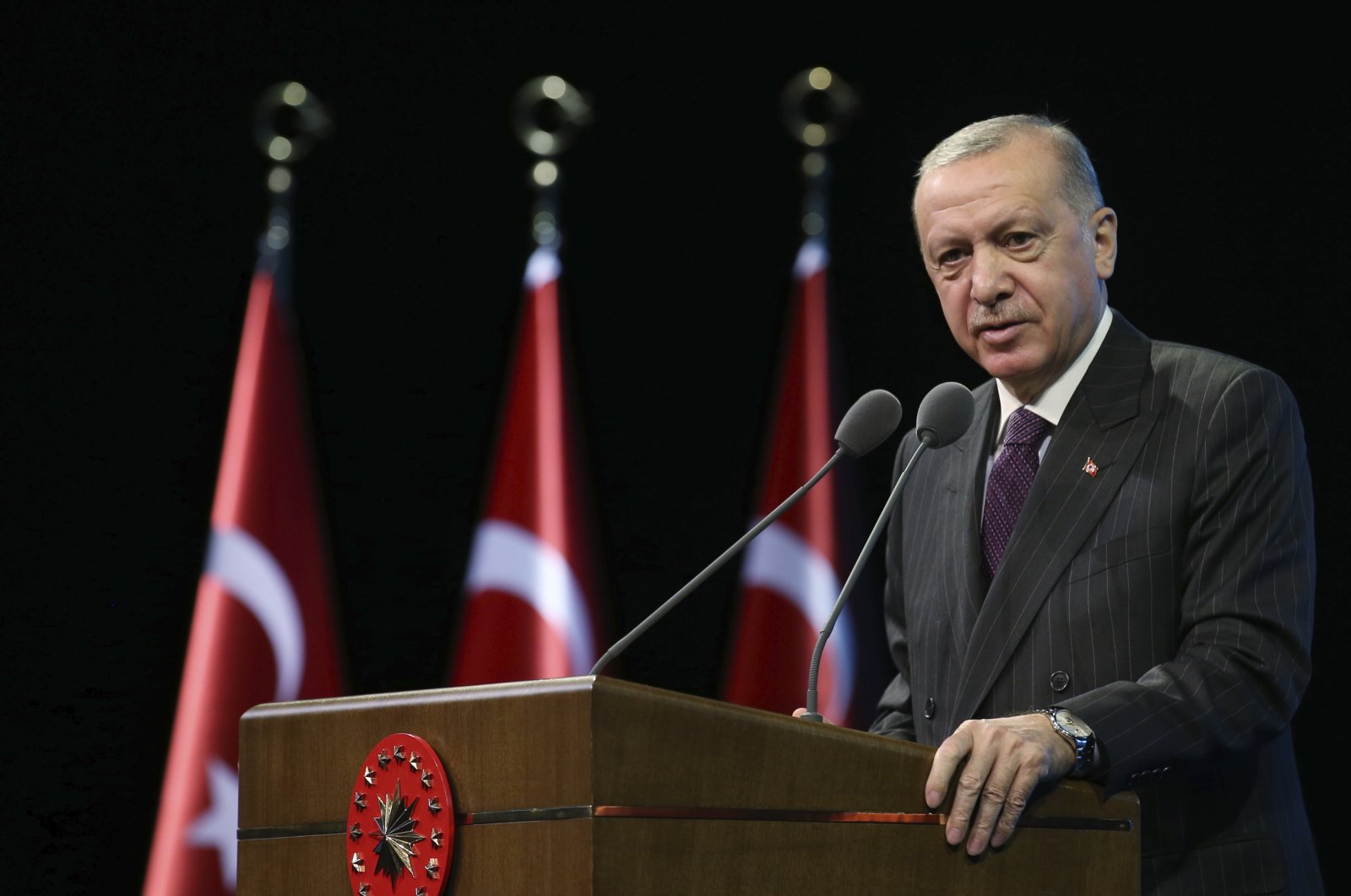 President Recep Tayyip Erdoğan speaks during a meeting in Ankara, Turkey, Oct. 6, 2020. (AP Photo)