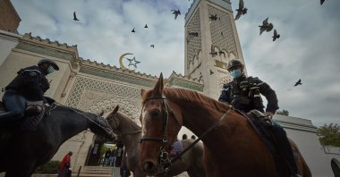 Mounted police patrol outside the Grand Mosque of Paris during Friday prayers, Paris, France, Oct. 30, 2020. (Photo by Getty Images)