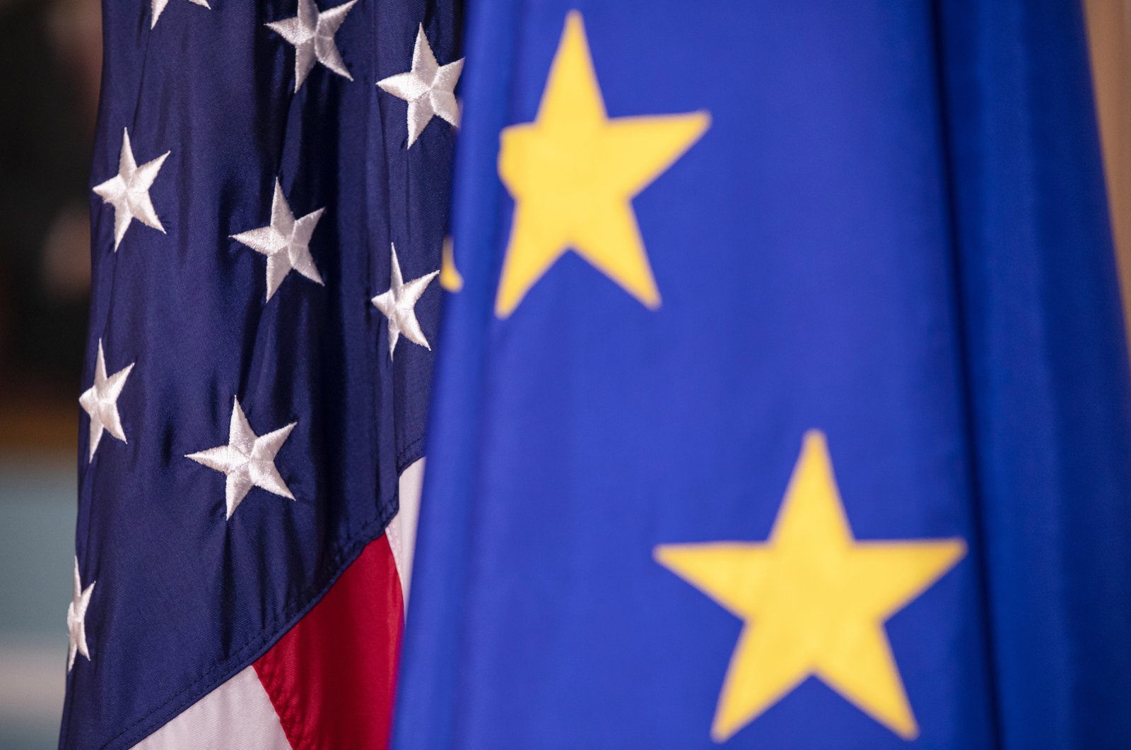 The U.S. and EU flags on display before a meeting between the U.S. and EU delegations, Washington, D.C., the U.S., Feb. 7, 2020. (Photo by Getty Images)