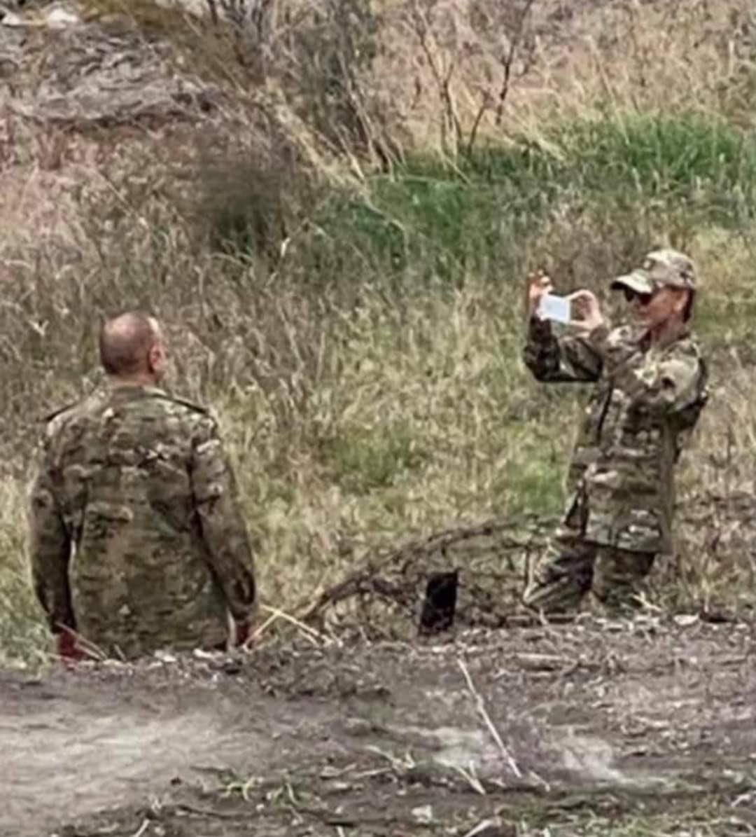 Azerbaijani Vice President Mehriban Aliyeva takes a photo of President Ilham Aliyev near the border with Iran in the city of Jabrayil, Nov. 17, 2020. (Photo shared by unidentified Iranian sniper on Twitter)