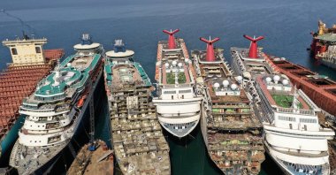 A drone image shows decommissioned cruise ships being dismantled at Aliağa ship breaking yard in Izmir, Turkey, Oct. 2, 2020. (Reuters Photo)