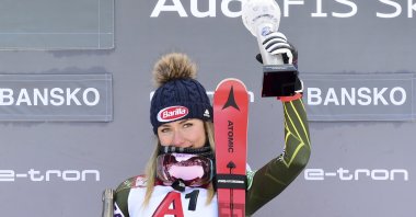 Mikaela Shiffrin celebrates after winning the women's World Cup super-G, in Bansko, Bulgaria, Jan. 26, 2020. (AP Photo)
