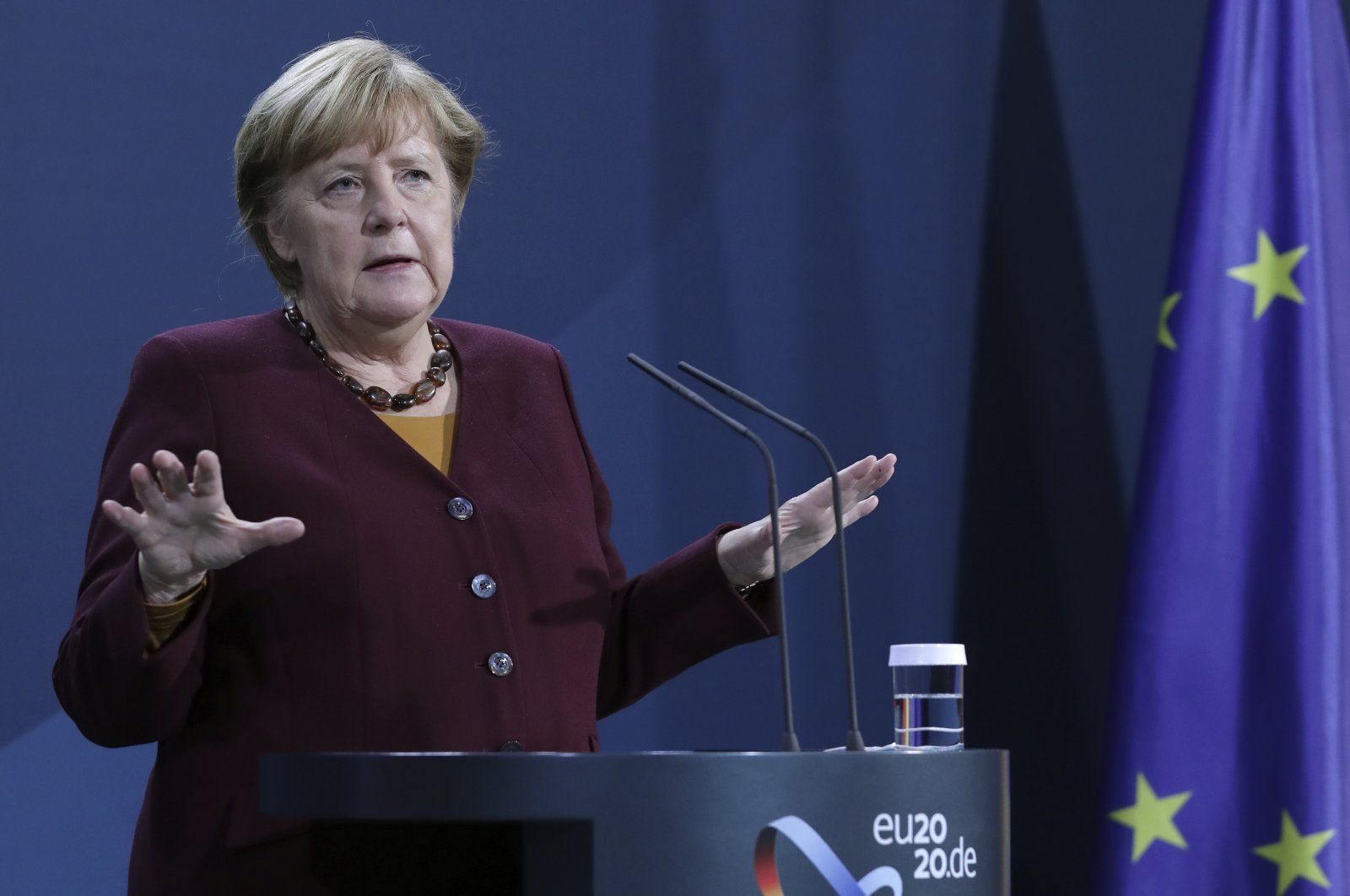 German Chancellor Angela Merkel addresses the media following a virtual meeting of the European Council, Berlin, Germany, Nov. 19, 2020. (AP Photo)