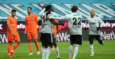 Beşiktaş players celebrate after Vincent Aboubakar scores his team's third goal in the 72nd minute during a Turkish Süper Lig match against başakşehir, at the Vodafone Park, in Istanbul, Nov. 21, 2020. (AA Photo)