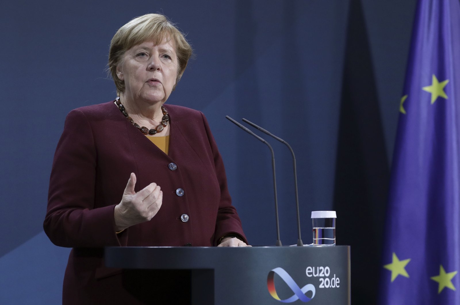 German Chancellor Angela Merkel addresses the media following a virtual meeting of the European Council, in Berlin, Nov. 19, 2020. (AP Photo)