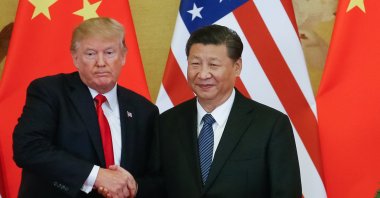 U.S. President Donald Trump and Chinese President Xi Jinping shake hands during a press conference at the Great Hall of the People (GHOP) in Beijing, China, Nov. 9, 2017. (EPA Photo)