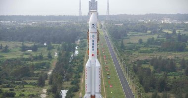 The Long March-5 rocket, which has launched China's Chang'e-5 lunar probe, seen being vertically transported to the launching area at the Wenchang Spacecraft Launch Site in southern China's Hainan province, Nov. 17, 2020. (AFP Photo)