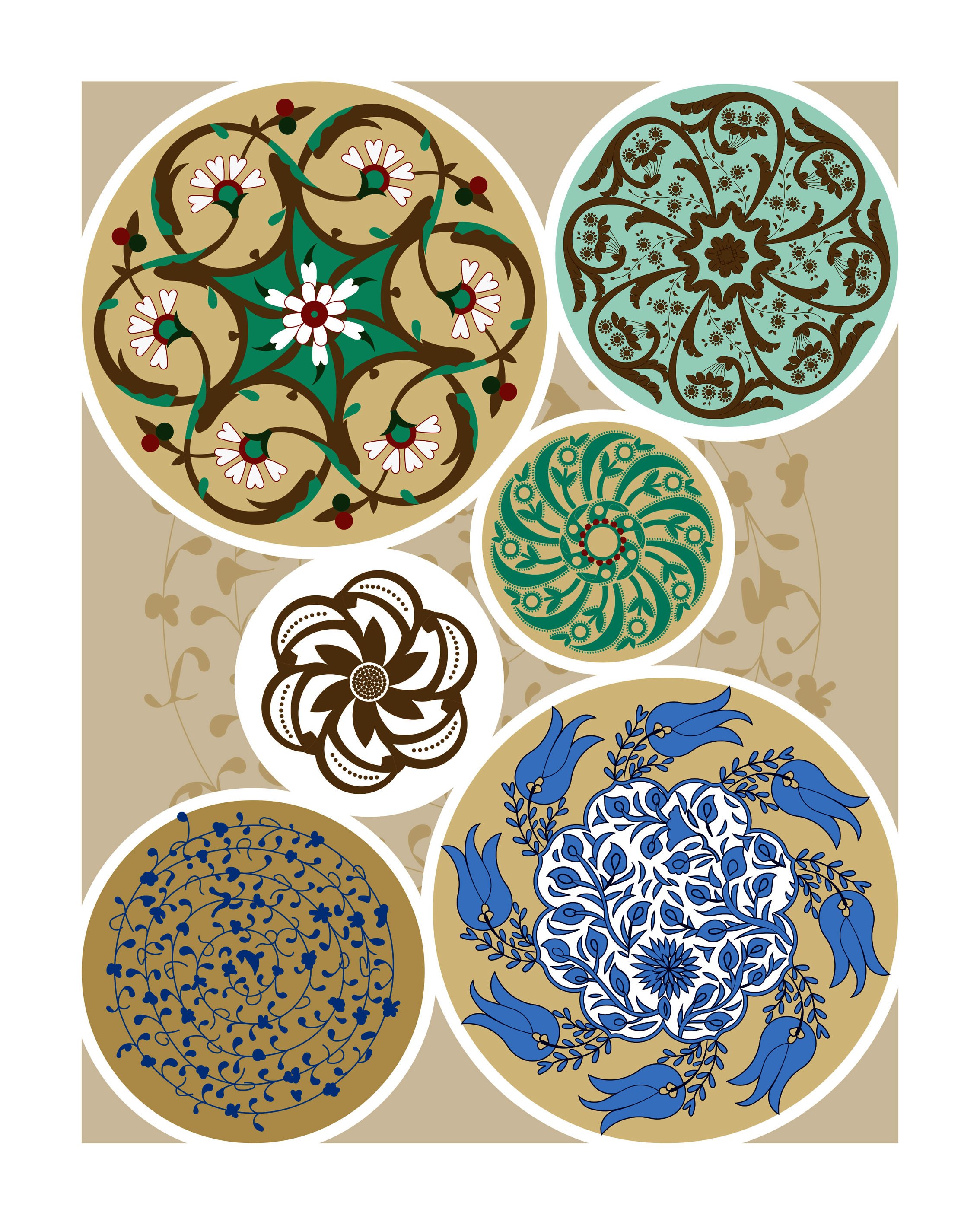 Different types of motifs in a wheel-of-fortune artwork.
