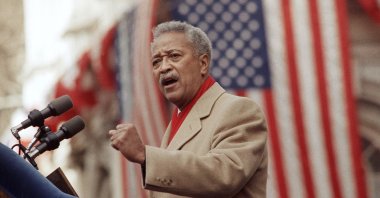 David Dinkins delivers his first speech as mayor of New York, in New York City, Jan. 2, 1990. (AP Photo)