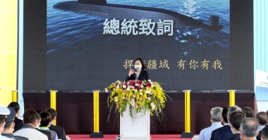 Taiwan's President Tsai Ing-wen speaks during a ceremony to inaugurate the production of domestically-made submarines at CSBC Corp's shipyards in the southern city of Kaohsiung, Taiwan on Nov. 24, 2020. (AP Photo)