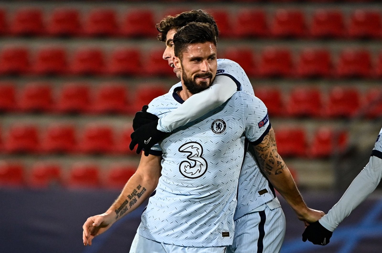 Chelsea's Olivier Giroud celebrates scoring a goal against Rennes during a Champions League match, in Rennes, France, Nov. 24, 2020. (AFP Photo)