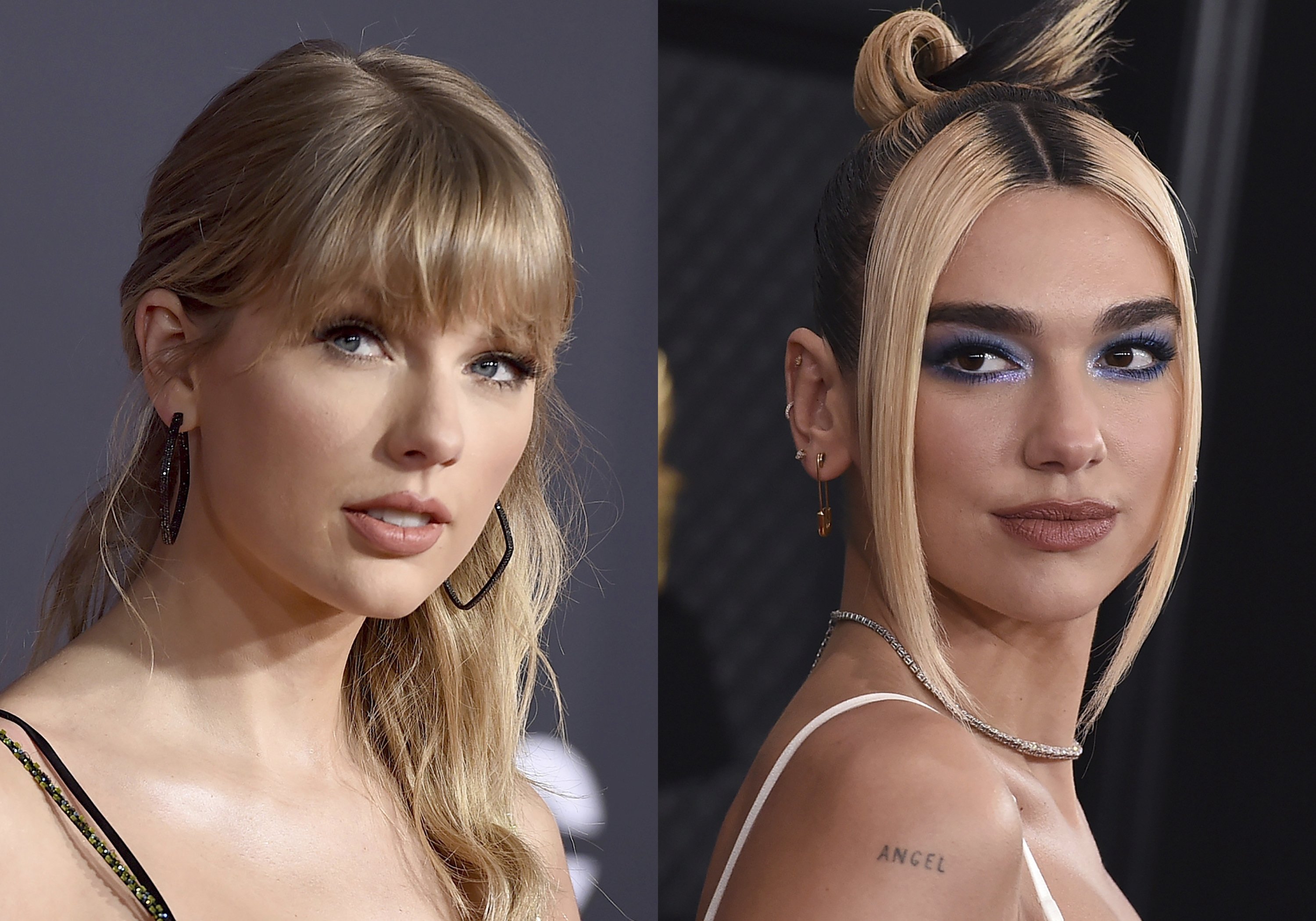 This file photo shows Taylor Swift (L) at the American Music Awards in Los Angeles on Nov. 24, 2019, and Dua Lipa at the 62nd annual Grammy Awards in Los Angeles on Jan. 26, 2020.  (AP Photo)