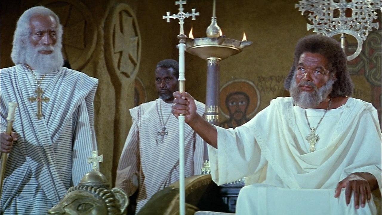 Christian King al-Najashi in Abyssinia welcomes Muslim emigrants in Abyssinia in a scene from 'The Message.'