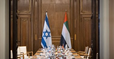 A table prepared ahead of a news conference by UAE Foreign Minister Abdullah bin Zayed al-Nahyan, Israeli Foreign Minister Gabriel Ashkenazi and German Foreign Minister Heiko Maas is seen in Berlin, Germany, Oct. 6, 2020. (Reuters Photo)