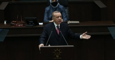 President Recep Tayyip Erdoğan addresses party members in the ruling Justice and Development Party's (AK Party) parliamentary group meeting in the capital Ankara, Turkey, Nov. 25, 2020. (IHA Photo)