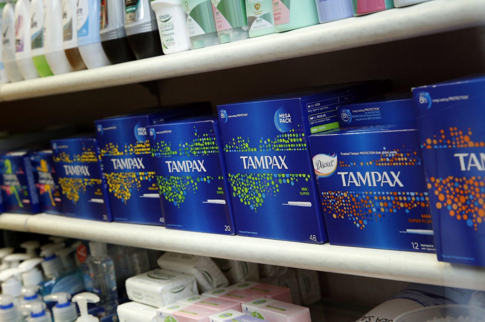 Women's sanitary products on sale at a small pharmacy in London, Friday, March, 18, 2016. (AP Photo)