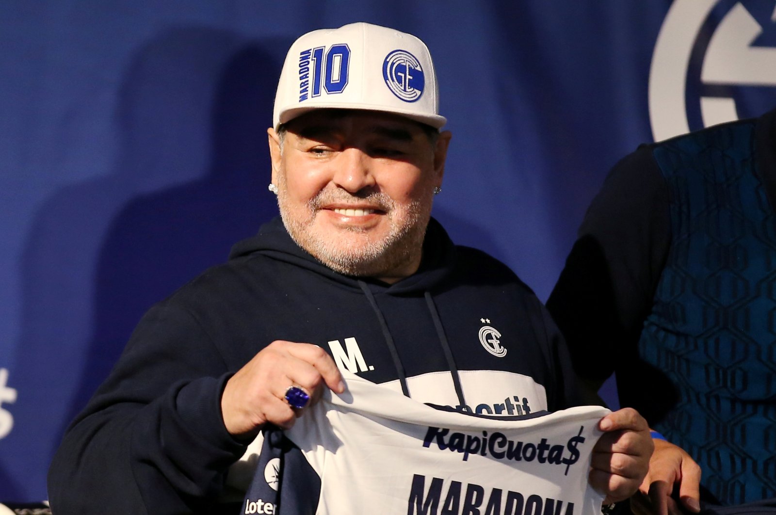 Diego Armando Maradona reacts during his presentation as new coach of Gimnasia y Esgrima in La Plata, Argentina, Sept. 8, 2019. (Reuters File Photo)