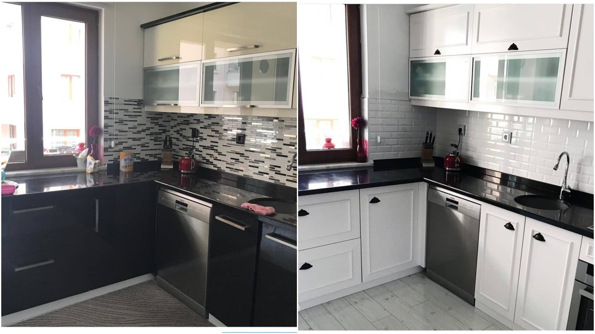 A before and after collage shows a kitchen cabinet renovation project. (Photos courtesy of Tacihan Yongacı)