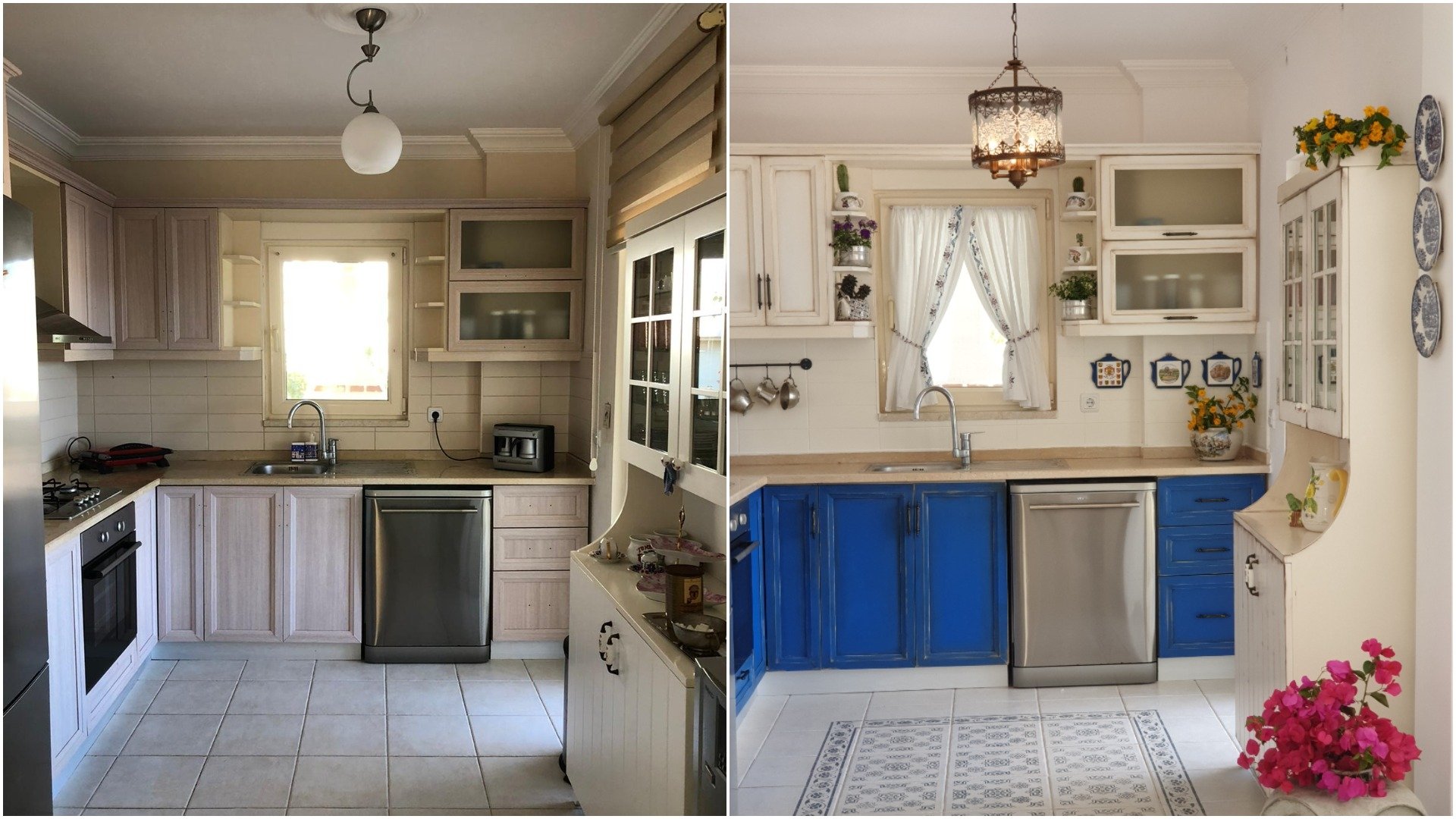 A before and after collage of pictures shows a kitchen cabinet renovation project. (Photos courtesy of Tacihan Yongacı)