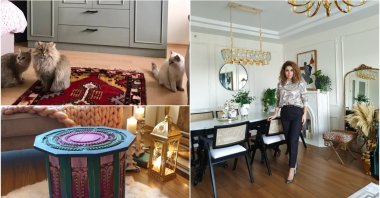 Tacihan Yongacı (R) poses in her living room. On the left, two of her client's furniture renovation projects. (Photo courtesy of Tacihan Yongacı)
