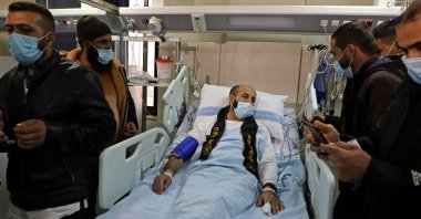 Palestinian detainee Maher al-Akhras arrives at Al-Najah Hospital in the West Bank city of Nablus following his release by Israeli authorities, Palestine, Nov. 26, 2020. (AFP Photo)