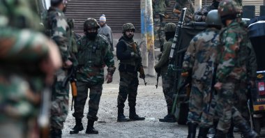Indian army soldiers stand guard on the outskirts of Srinagar, Indian-controlled Kashmir, Nov. 26, 2020. (AFP Photo)