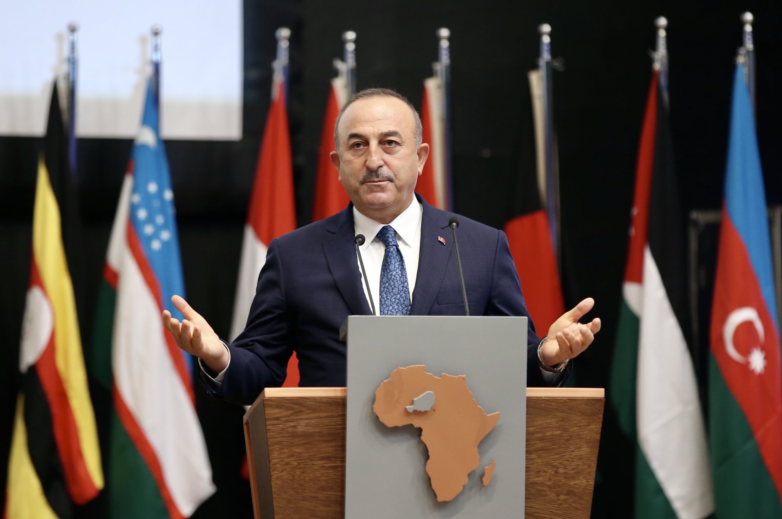 Foreign Minister Mevlüt Çavuşoğlu speaks at the 47th session of the Council of Foreign Ministers of the Organization of Islamic Cooperation (OIC) in Niger's capital Niamey, Nov. 27, 2020. (AA)