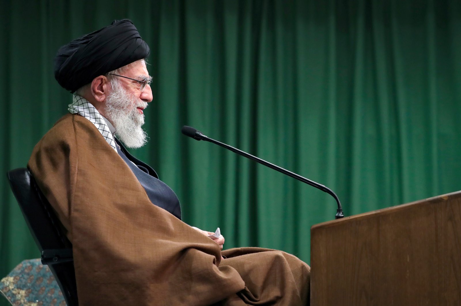 In this picture released by the office of the Iranian supreme leader, Supreme Leader Ayatollah Ali Khamenei addresses the nation in a televised speech marking the birthday of Islam's Prophet Muhammad, in Tehran, Iran, Nov. 3, 2020. (Office of the Iranian Supreme Leader via AP)