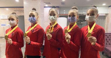 Turkish gymnasts pose with their medals in Kyiv, Ukraine, Nov. 28, 2020. (IHA Photo)