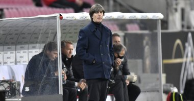 Germany's coach Joachim Low reacts during the UEFA Nations League match between Germany and Switzerland, in Cologne, Germany, Oct. 13, 2020. (AP Photo)