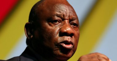South African President Cyril Ramaphosa gestures as he delivers the opening address during the 3rd South Africa Investment Conference at the Sandton Convention Centre, in Sandton, South Africa, Nov. 18, 2020. (REUTERS)