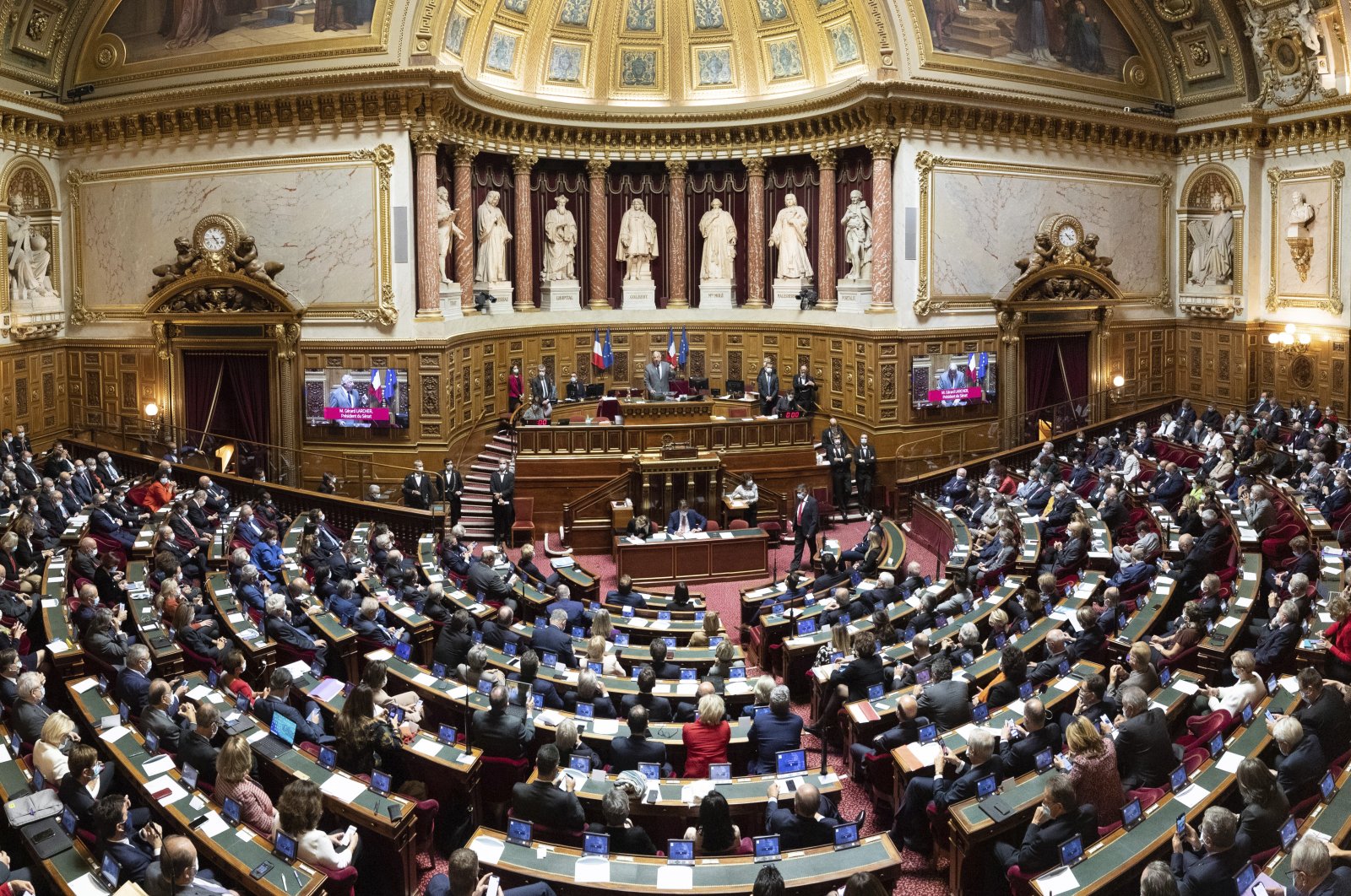 Senators listen to Senate President Gerard Larcher of the conservative Republicans party after his reelection in Paris, Thursday, Oct.1, 2020. (AP File Photo)