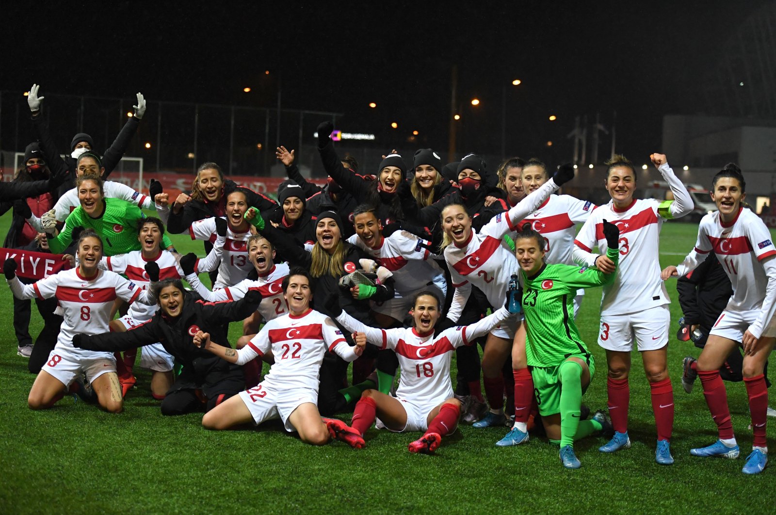 The Turkish women's national team celebrates a victory against Estonia, in Tallinn, Estonia, Nov. 27, 2020. (IHA Photo)