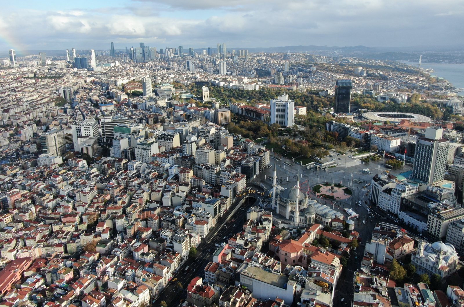 An aerial view of Istanbul shows part of the city's European side, including the famous Taksim Square, amid COVID-19 restrictions, Turkey, Nov. 22, 2020. (IHA Photo)