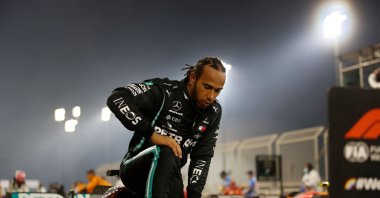 Lewis Hamilton steps out of his car after winning the Bahrain Formula One Grand Prix, Sakhir, Bahrain, Nov. 29, 2020. (AFP Photo)