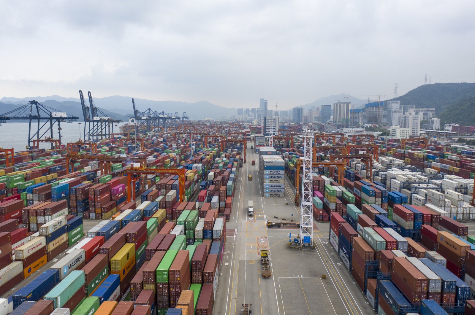 An aerial view of containers sitting stacked at the Yantian International Container Terminals, Shenzhen, Guangdong, China, Aug. 22, 2020. (Photo by Getty Images)