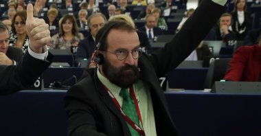 In this file photo, European lawmaker Jozsef Szajer of Hungary votes during a session at the European Parliament in Strasbourg, eastern France, Oct. 4, 2016. (AP Photo)