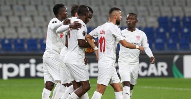 Sivasspor players celebrate a goal against Qarabag during a Europa League match in Istanbul, Turkey, Nov. 26, 2020. (AA Photo)