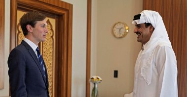 Senior adviser to the U.S. president Jared Kushner (L) meets with Qatar's ruler Emir Sheikh Tamim bin Hamad Al Thani in this handout photo released by the Qatar News Agency (QNA), Doha, Qatar, Sept. 2, 2020. (Qatar News Agency via AFP)