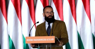 Jozsef Szajer, a senior member of the ruling Fidesz party delivers his speech during the party's campaign ahead of the European Parliament elections in Budapest, Hungary, April 5, 2019. (Reuters Photo)