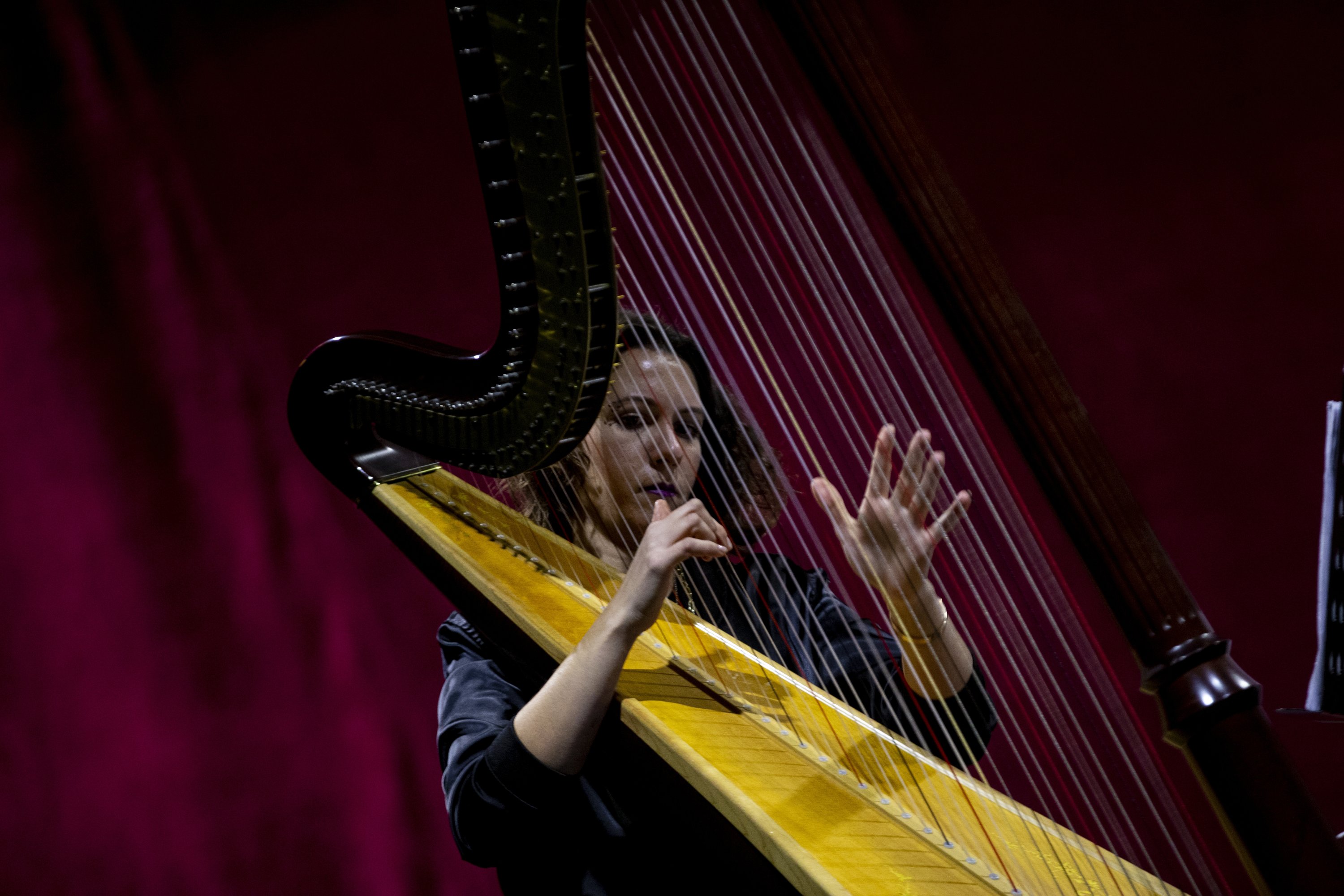 Senem Çine plays her harp during a rehearsal at the Haşim Işçan Cultural Center in Antalya, southern Turkey, Dec. 2, 2020. (AA PHOTO)